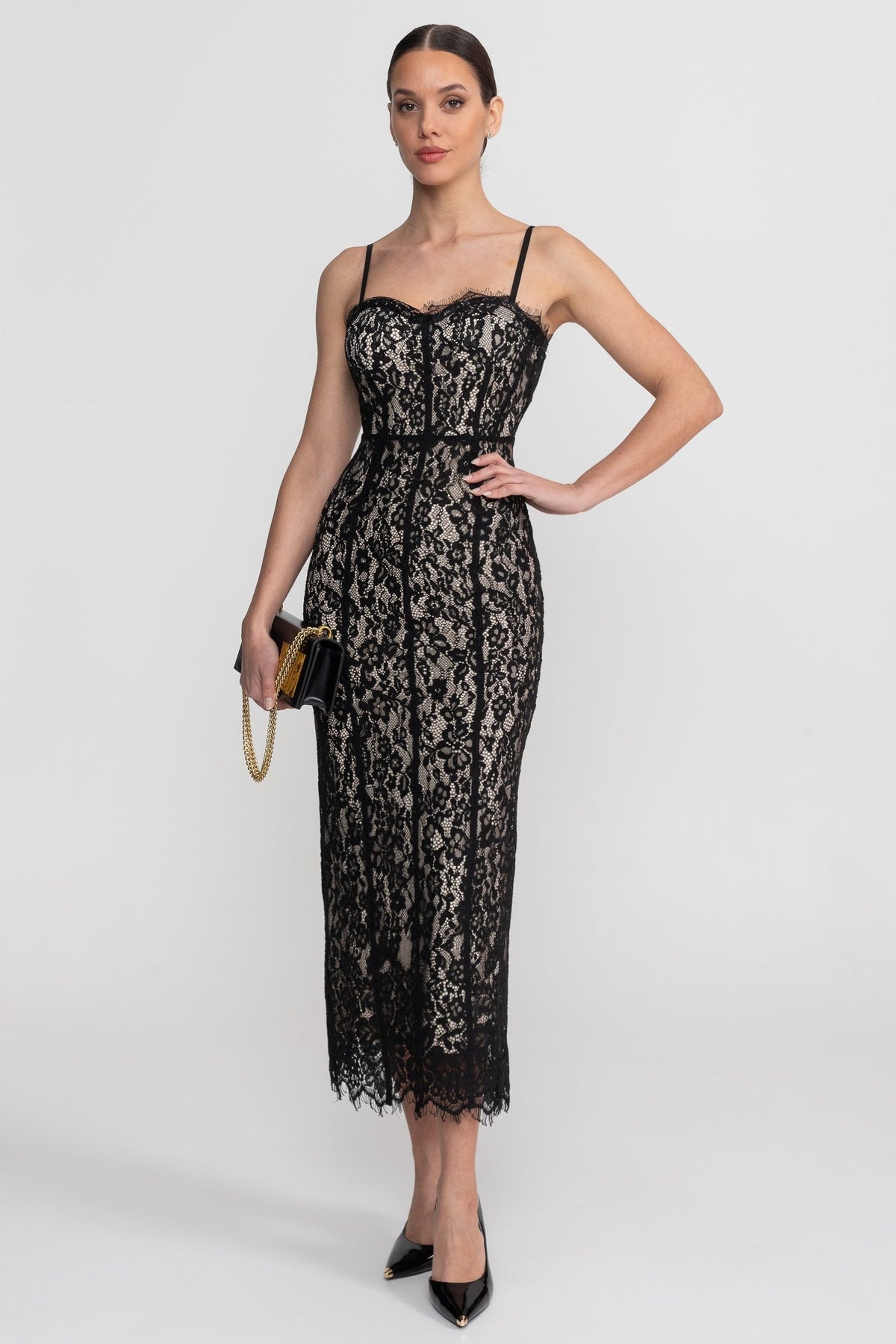 Lace Midi Dress With Sheer Corset Bodice - Black - View 5