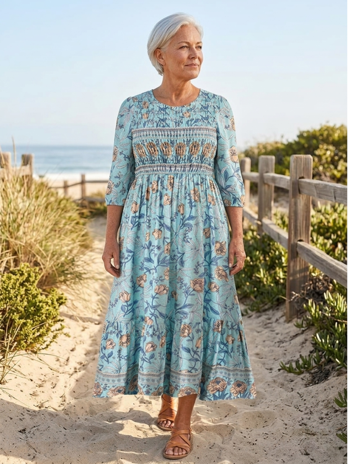 Floral Round Neck Smocked Bodice Three Quarter Sleeve Midi Dress
