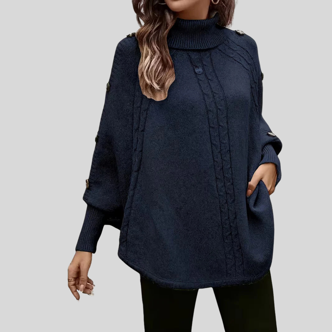 Turtleneck Cable Knit Button Trim Batwing Poncho Sweater 5
