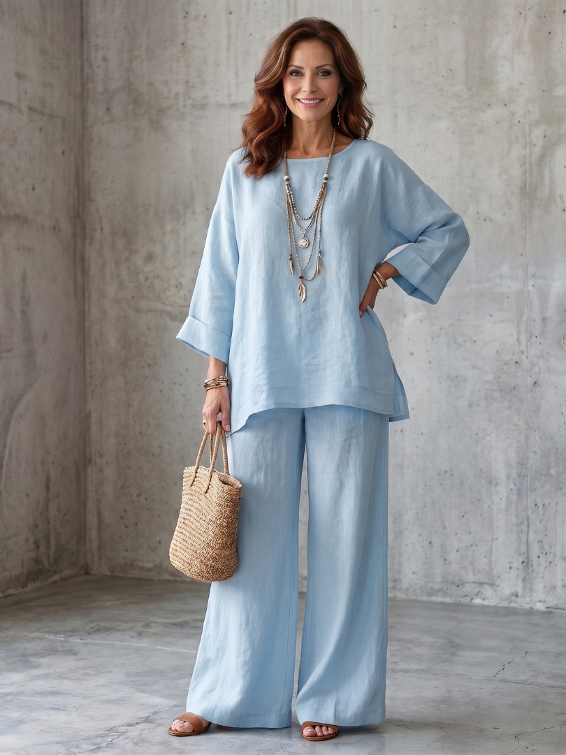 Round Neck Oversized Tunic and Wide Leg Pants Two Piece Set 5