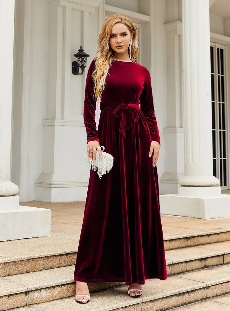 Round Neck Long Sleeve Belted Velvet Maxi Dress 6