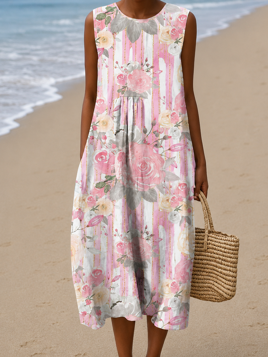 Floral Striped Crew Neck Sleeveless Cocoon Midi Dress