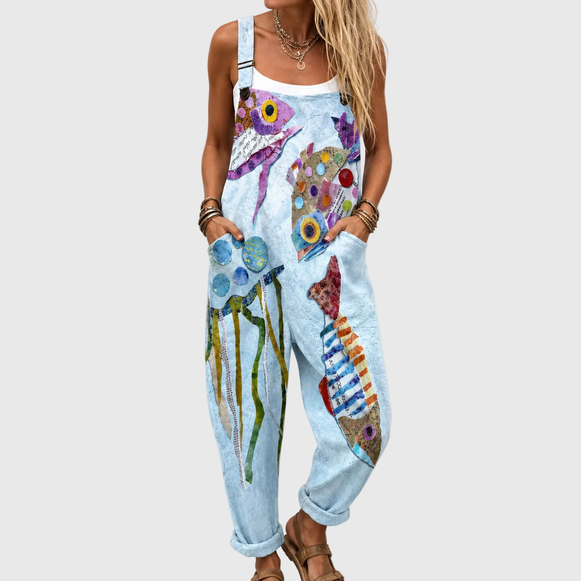 Abstract Fish Print Adjustable Strap Overall Jumpsuit