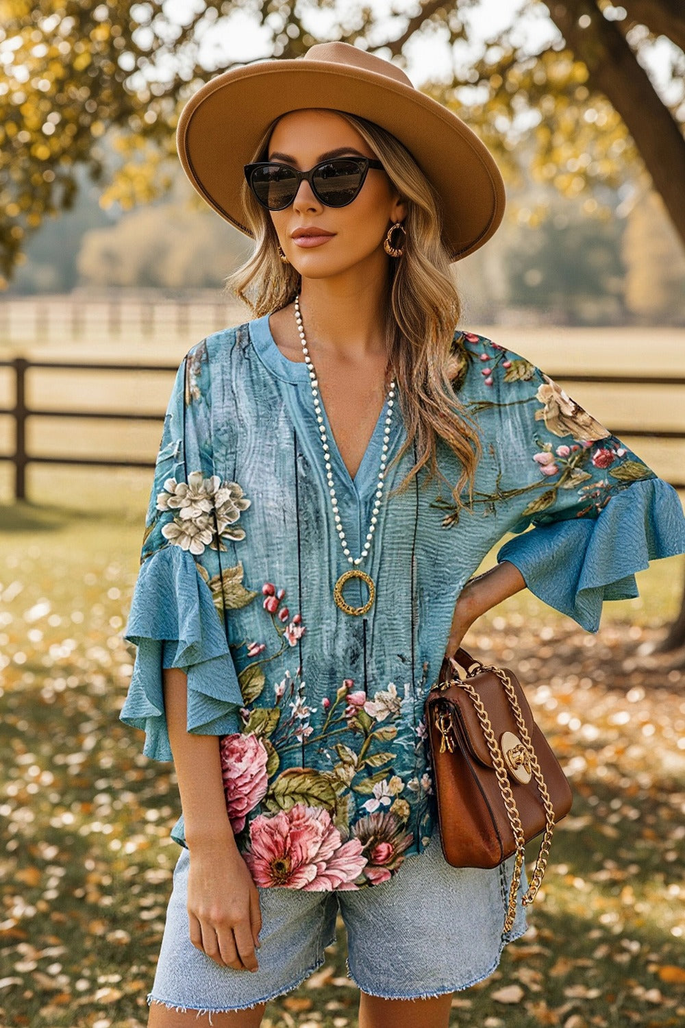Floral V-Neck Tiered Ruffle Sleeve Pintuck Blouse 2