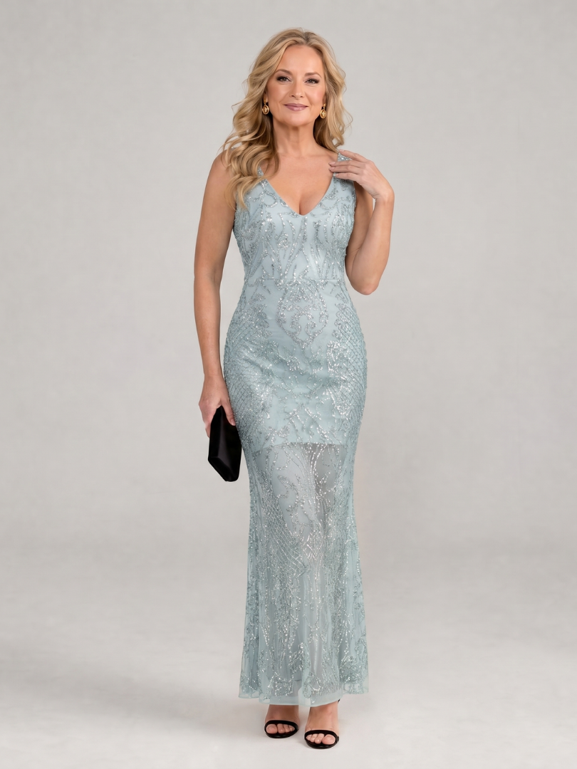Sequin V-Neck Sleeveless Sheer Hem Maxi Gown 5