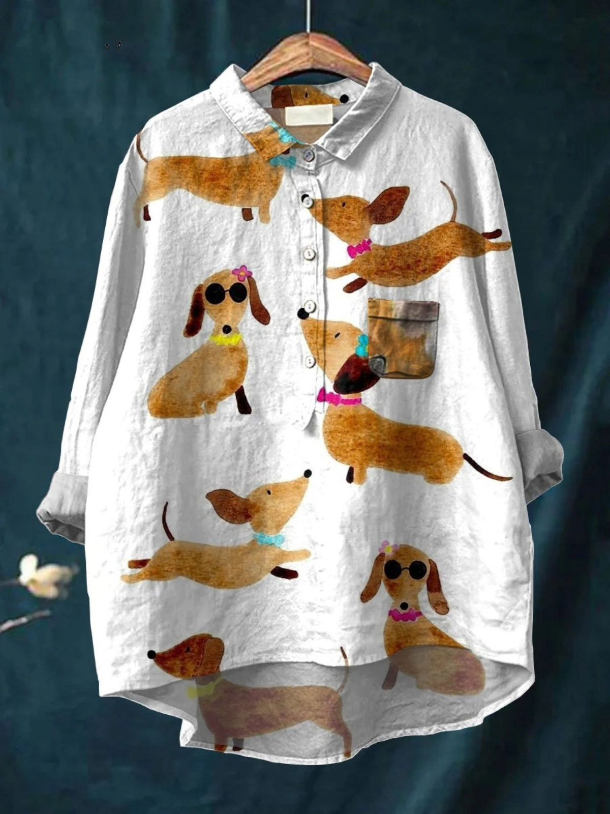 Dachshund Print Long Sleeve Button Front Shirt