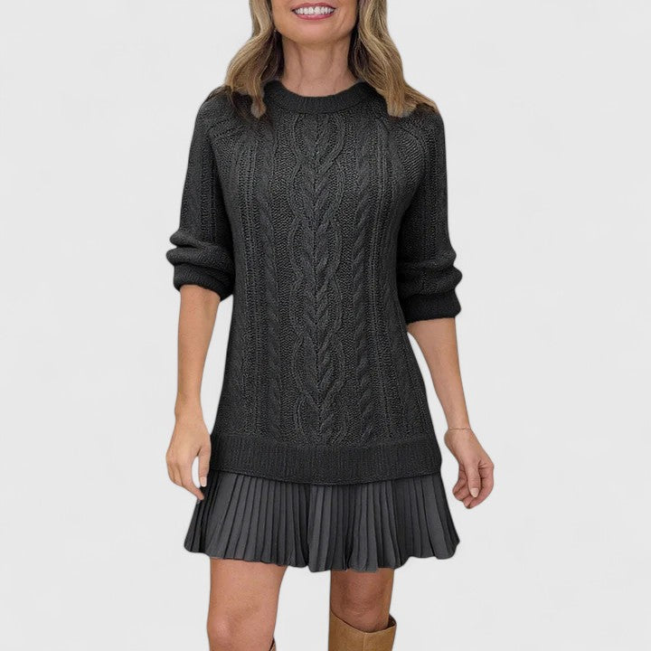 Crew Neck Long Sleeve Cable Knit Pleated Hem Sweater Dress 7