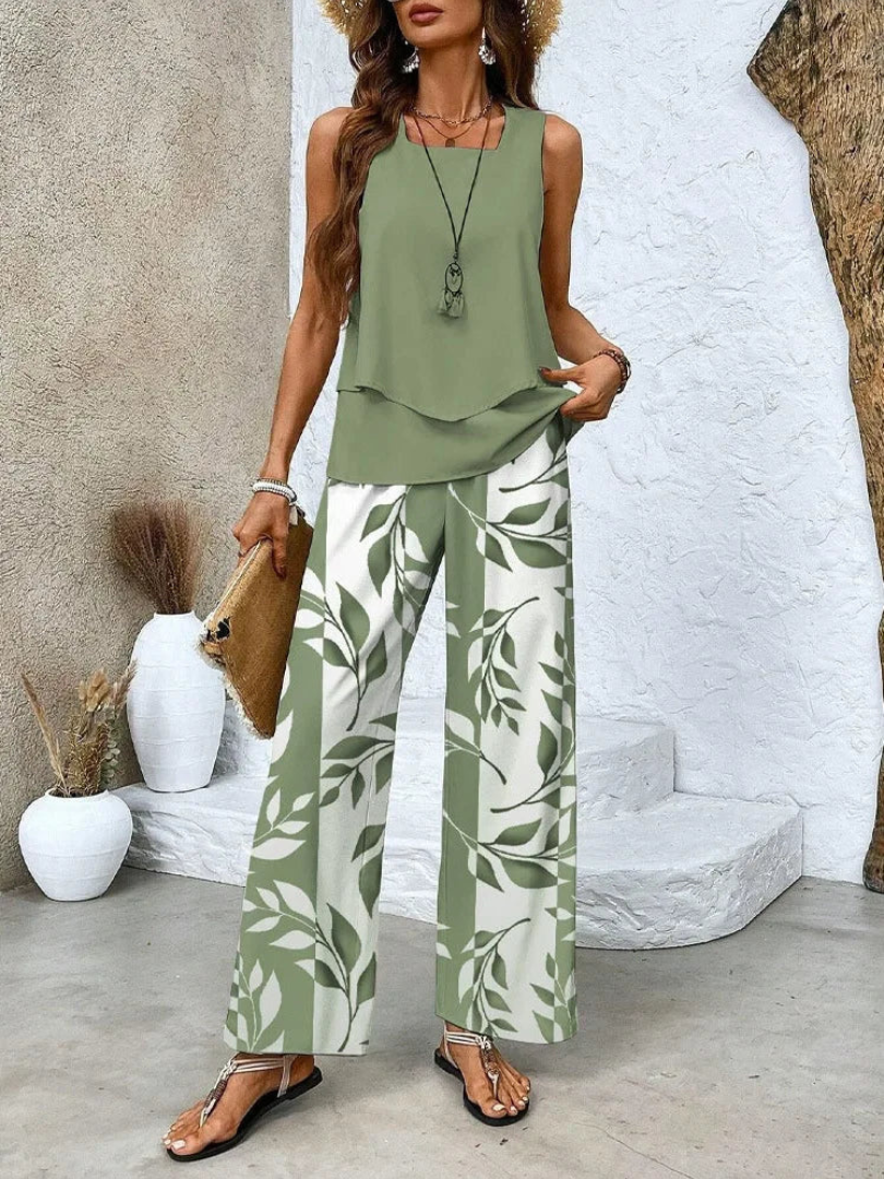 Sleeveless Layered Top and Floral Wide Leg Pants Two Piece Set 8