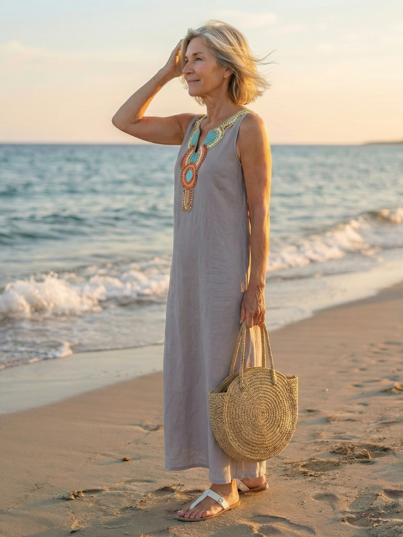 Beaded V-Neck Sleeveless Side Split Linen Look Maxi Dress 6