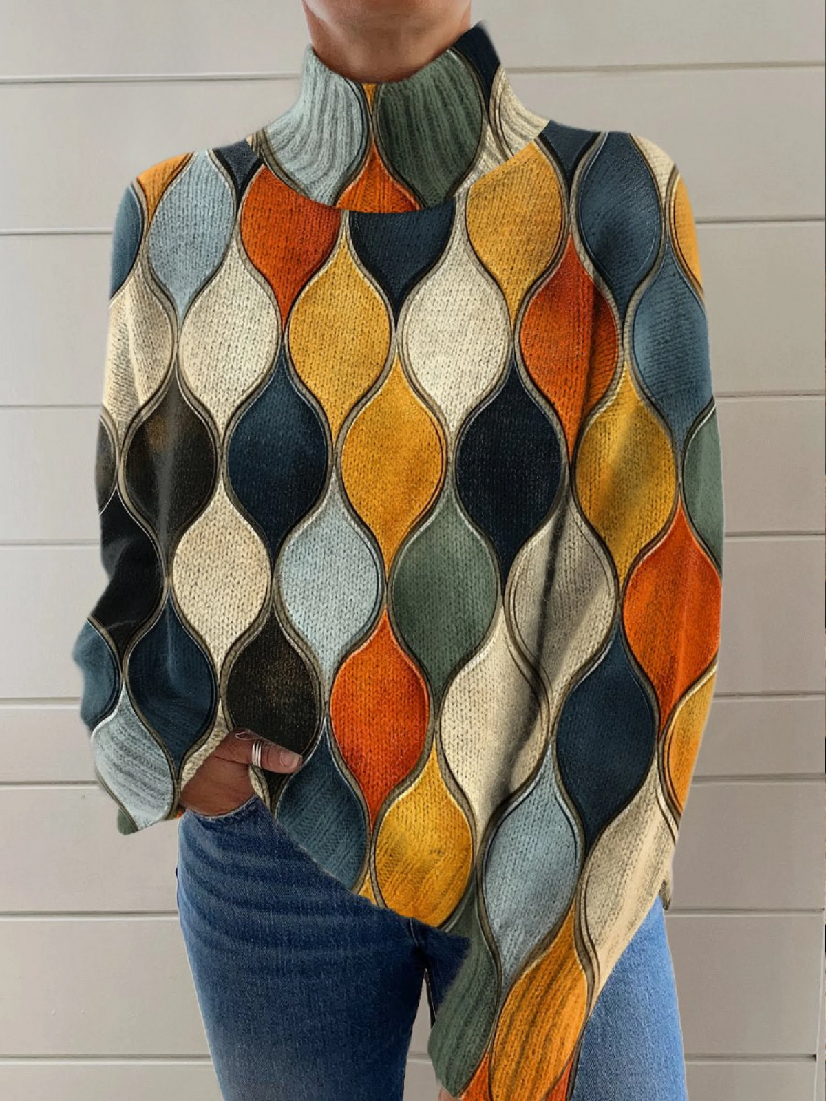 Retro Geometric Print Turtleneck Sweater