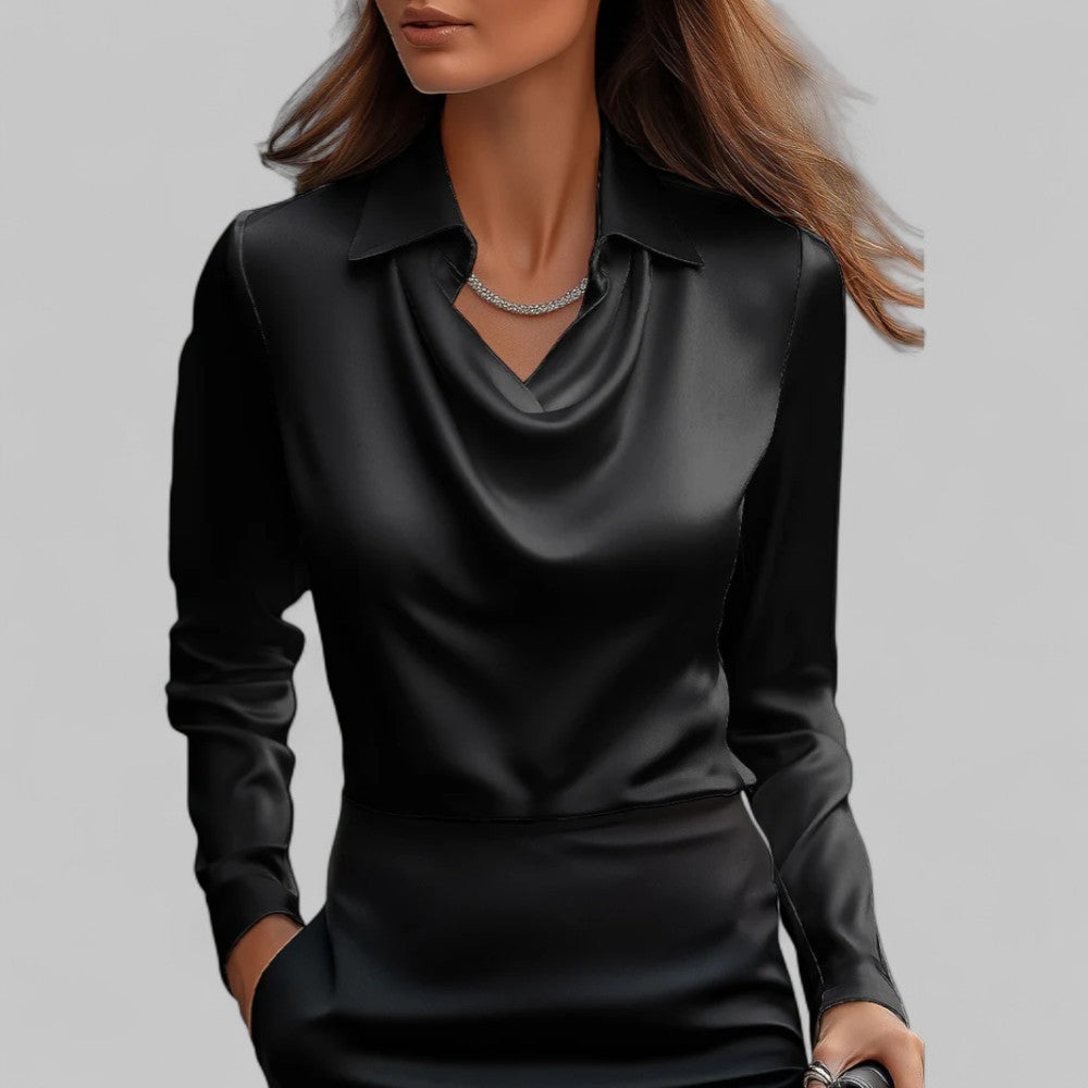 Draped Cowl Neck Long Sleeve Satin Blouse 12