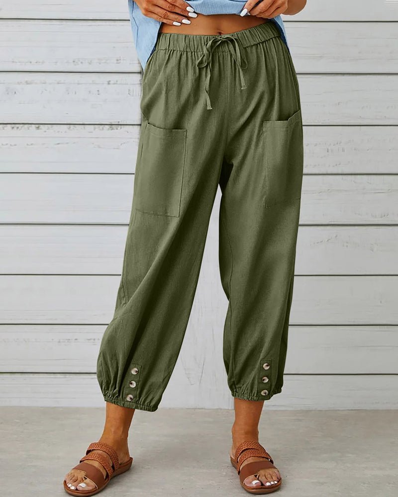 High Waist Drawstring Button Cuff Tapered Pants 6