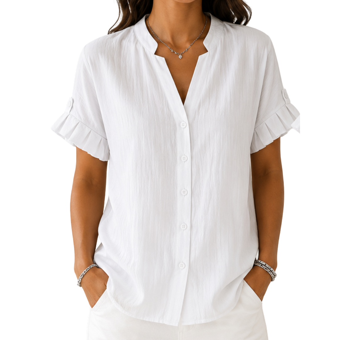 Notch Neck Ruffle Short Sleeve Button Front Blouse 7