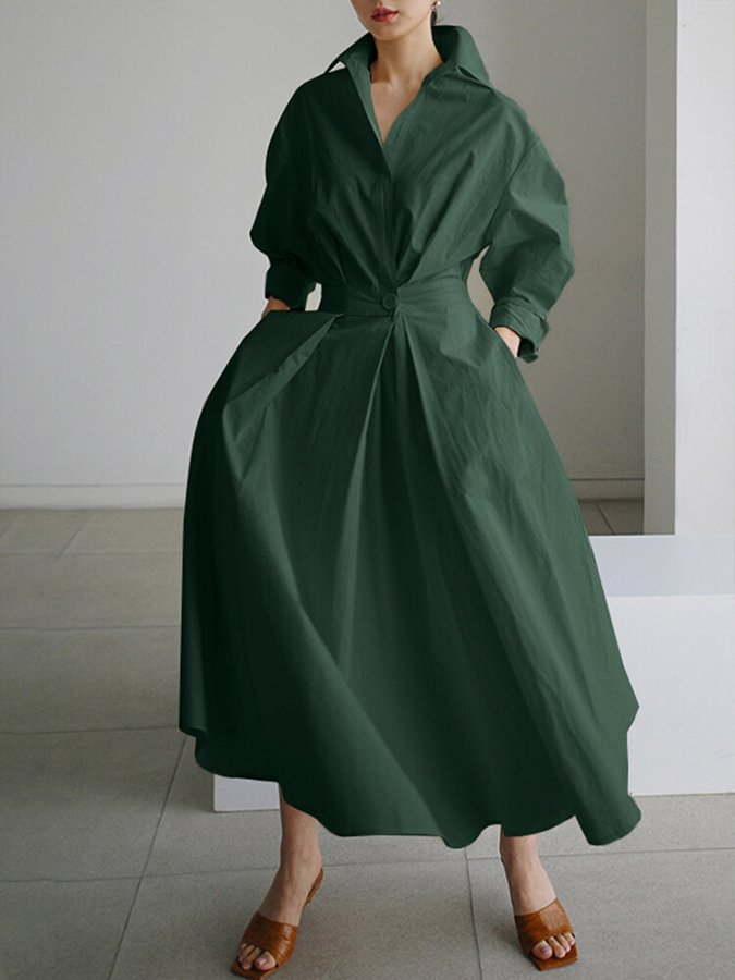 Collared Long Sleeve Pleated Waist A-Line Maxi Shirt Dress 7