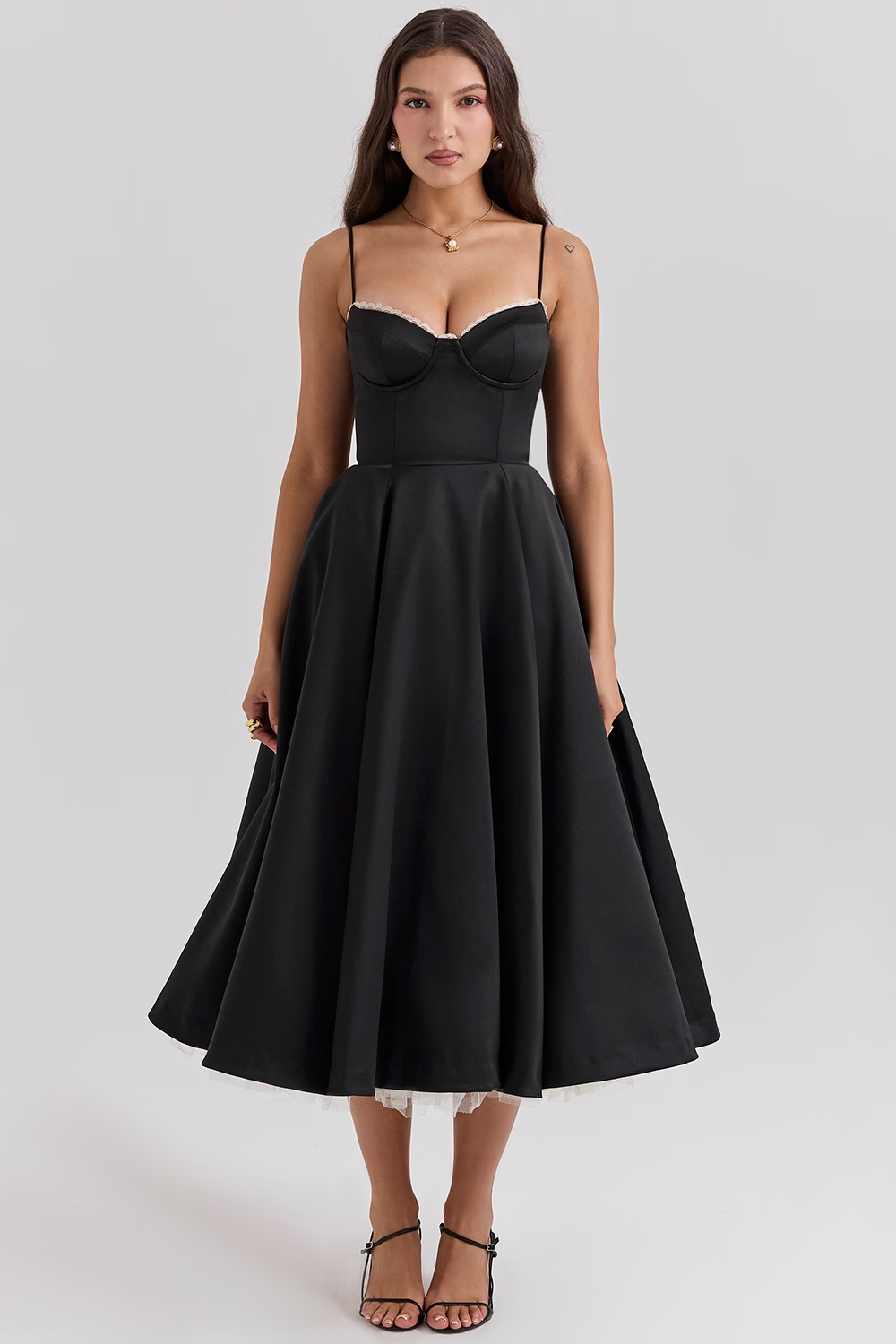 Satin Bustier Sweetheart Lace Trim Pleated Fit and Flare Midi Dress - View 10