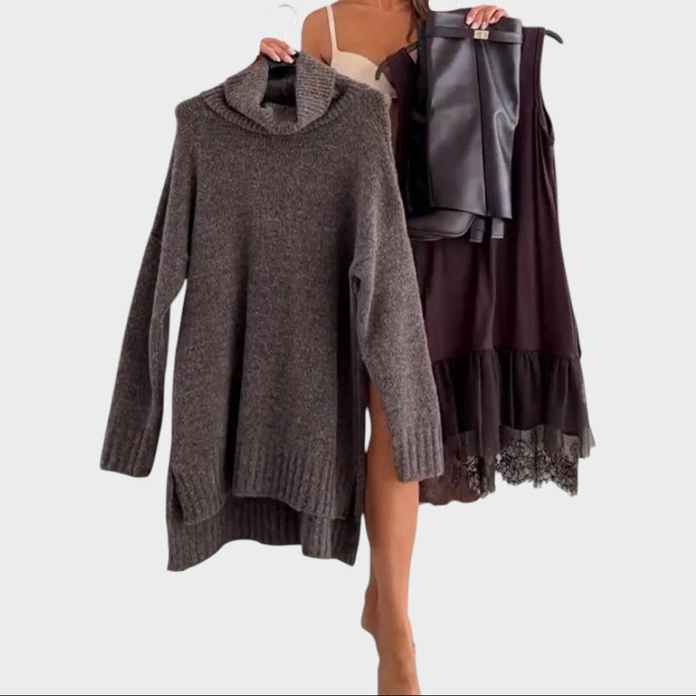 Turtleneck Oversized Sweater and Lace Slip Dress Two Piece Set 10