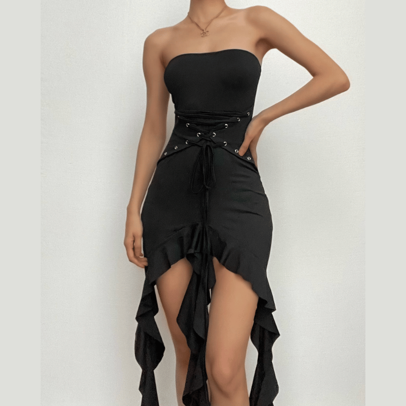 Lace up solid ruffle backless irregular tube mini dress