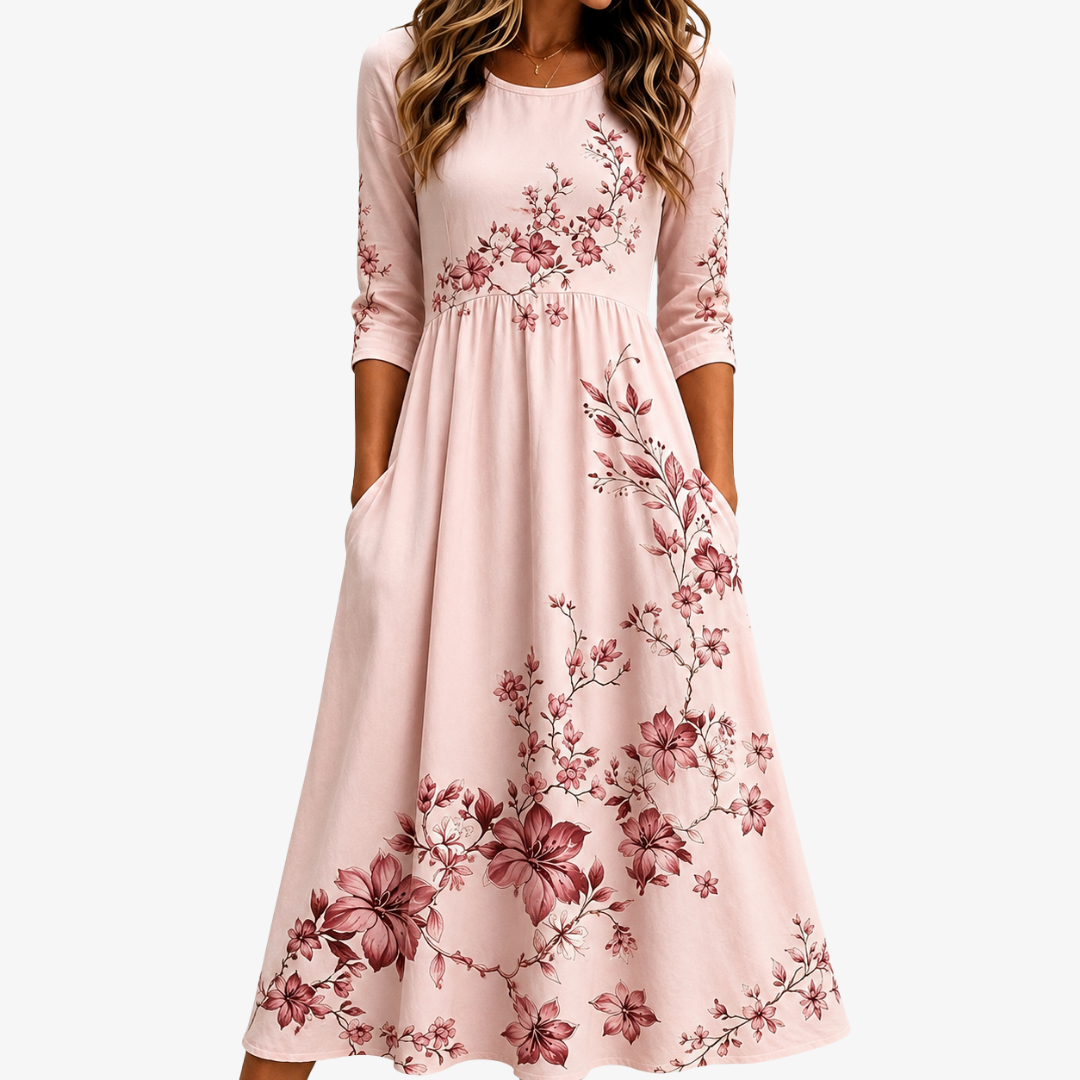 Floral Round Neck 3/4 Sleeve Pocket A-Line Midi Dress