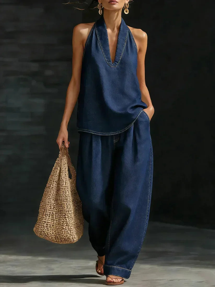 Denim Look Halter Deep V-Neck Top and Wide Leg Pants Two Piece Set 4