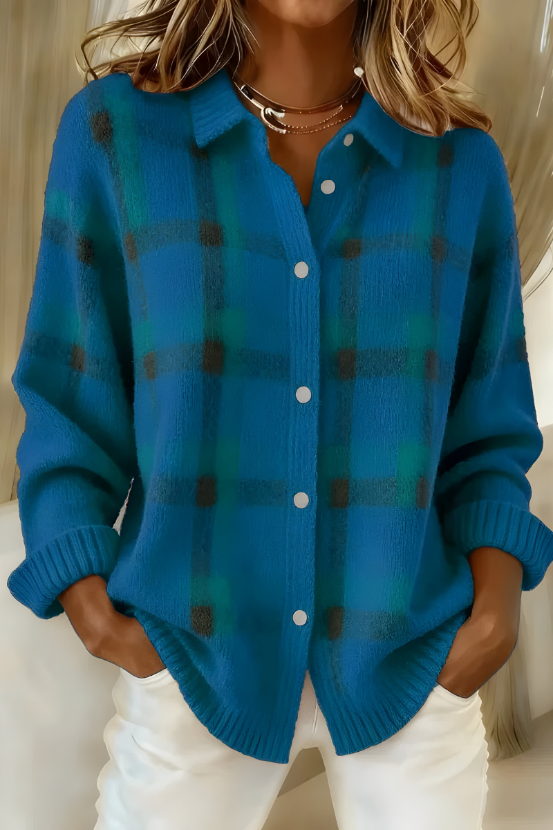 Plaid Collared Button Front Long Sleeve Knit Cardigan 8