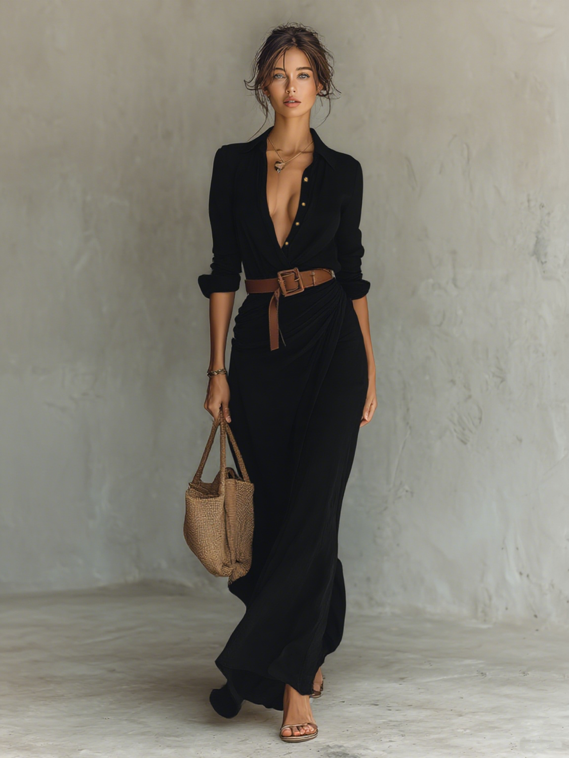 Collared Button Front Long Sleeve Ruched Wrap Maxi Shirt Dress 7
