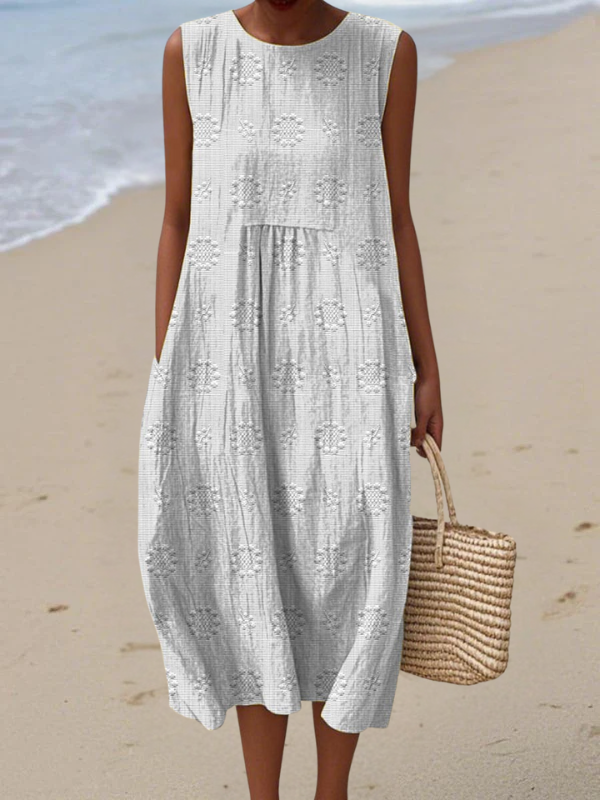 Textured Embroidered Sleeveless Round Neck Cocoon Midi Dress 5