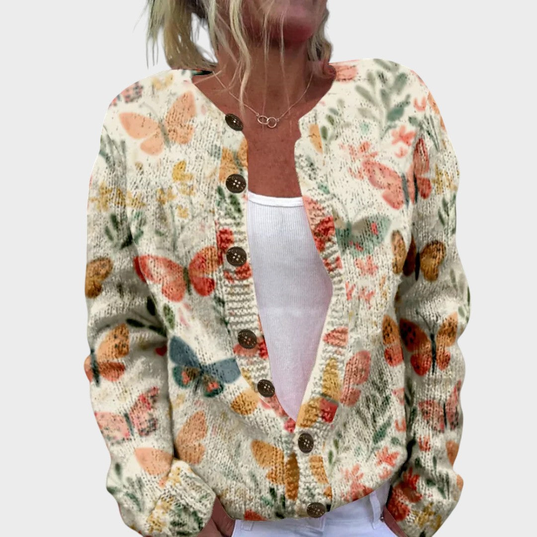 Floral Butterfly Print Button Front Knit Cardigan