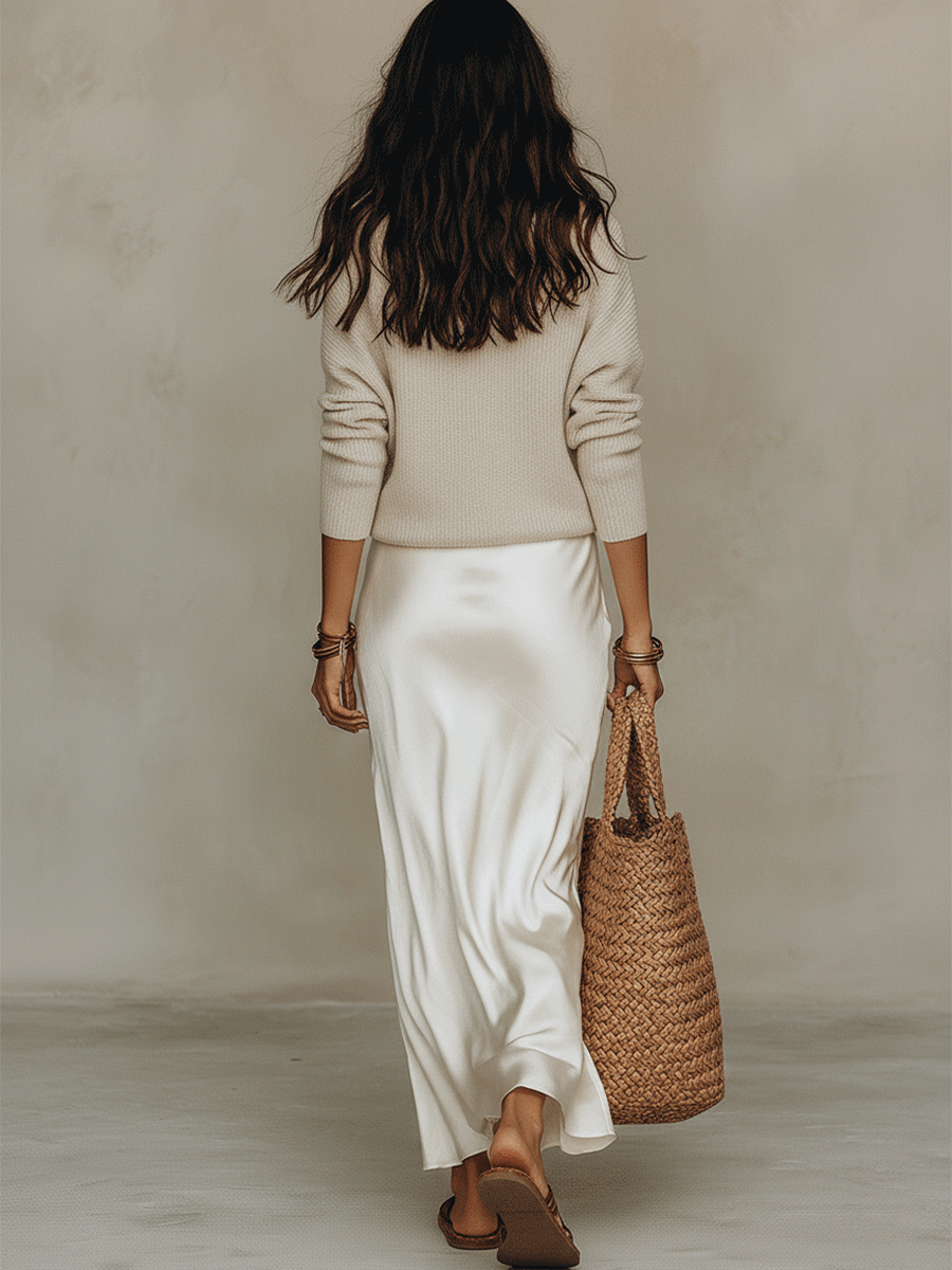 V-Neck Knit Sweater and Satin Slip Dress Two Piece Set 4