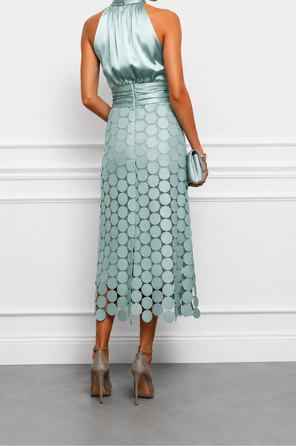 Halter Neck Ruched Laser Cut Disc Satin Midi Dress 7