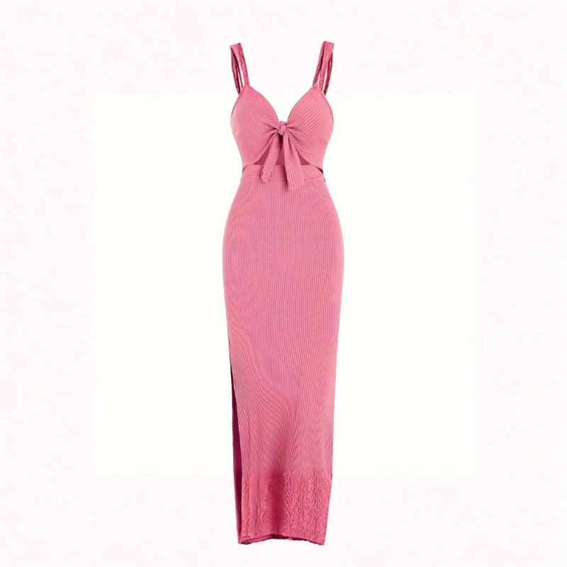 Ribbed Knot Front Cut Out Spaghetti Strap Split Maxi Dress 3