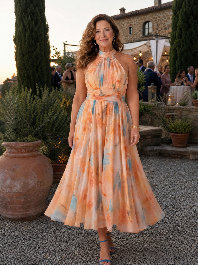 Watercolor Floral Halter Neck Pleated Midi Dress 6