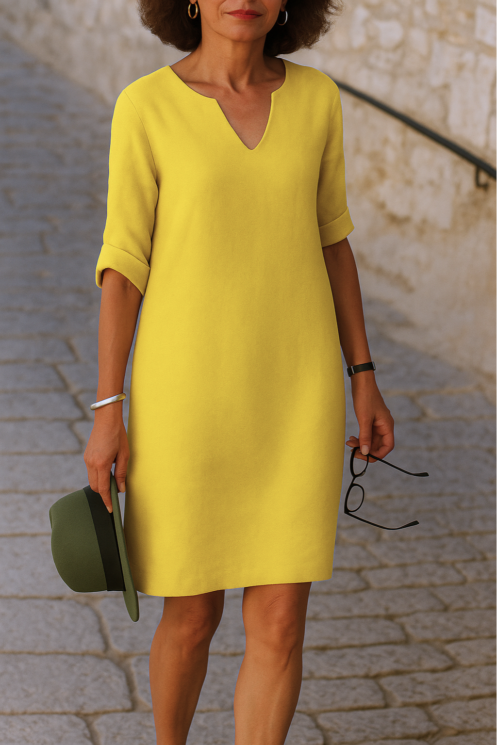 Split Neck Roll Sleeve Linen Look Shift Midi Dress 3