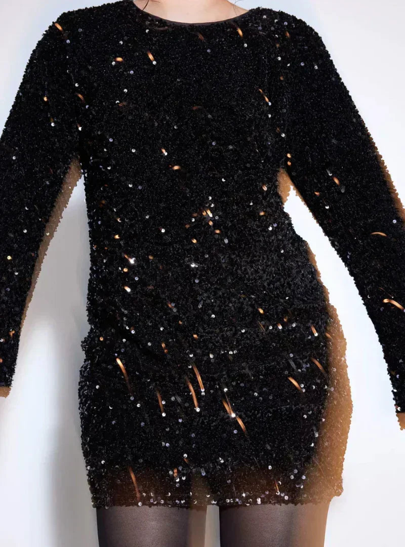 Sequin Boat Neck Long Sleeve Bell Cuff A-Line Mini Cocktail Dress - View 6