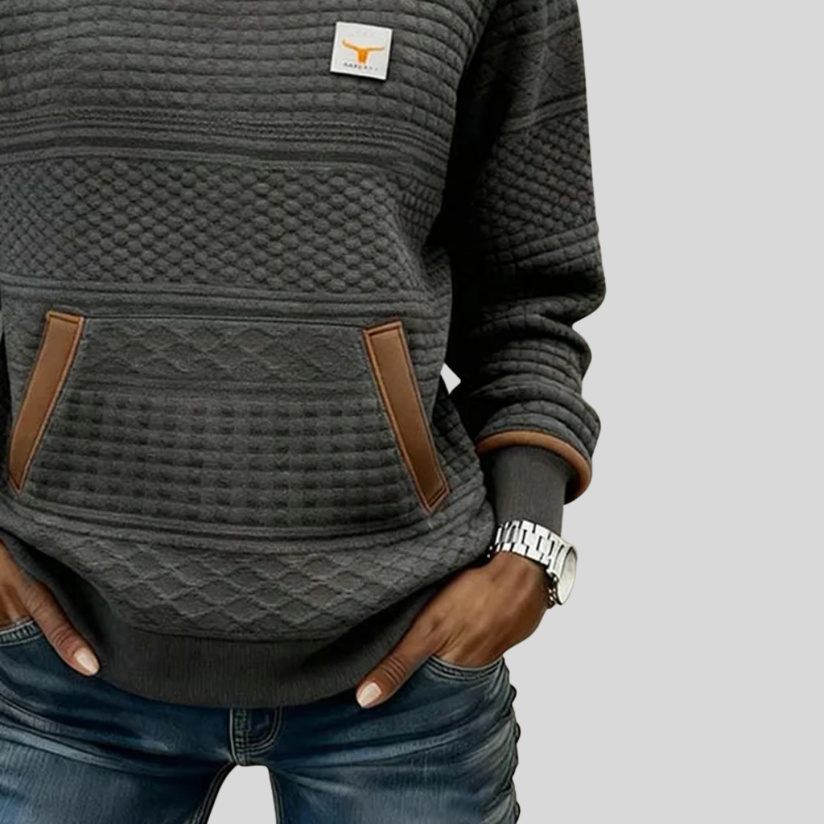 Quilted Crew Neck Kangaroo Pocket Sweatshirt 7