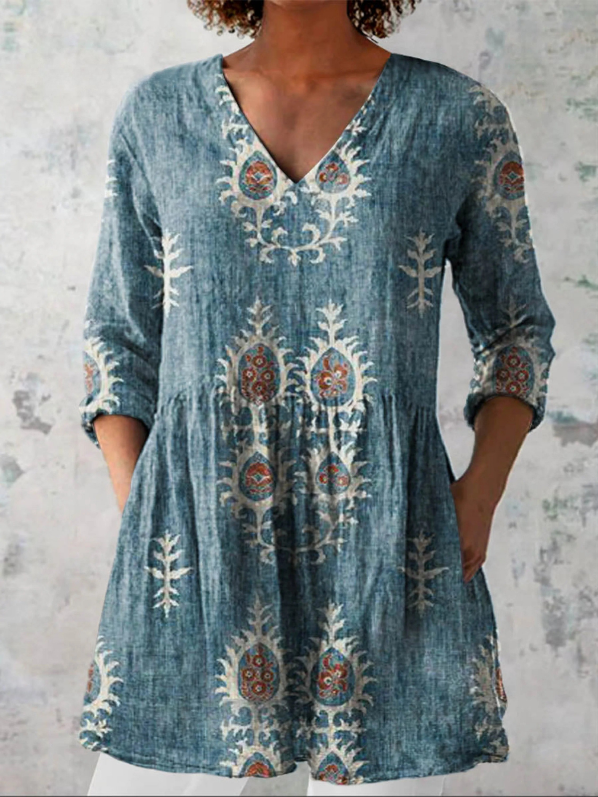Floral Print V-Neck Long Sleeve Peplum Tunic Top 2