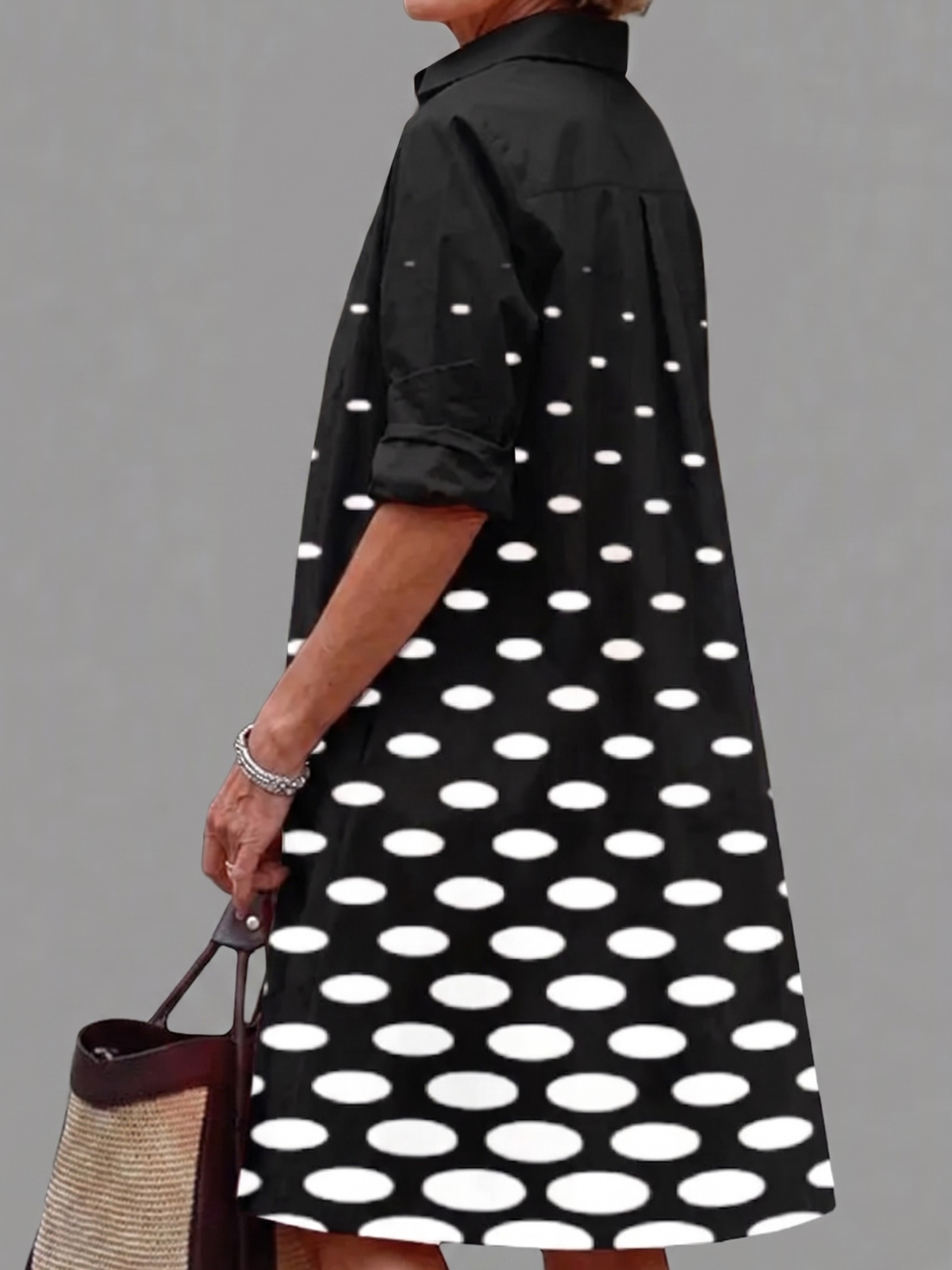 Polka Dot Collared Long Sleeve Pocket Shirt Dress 2