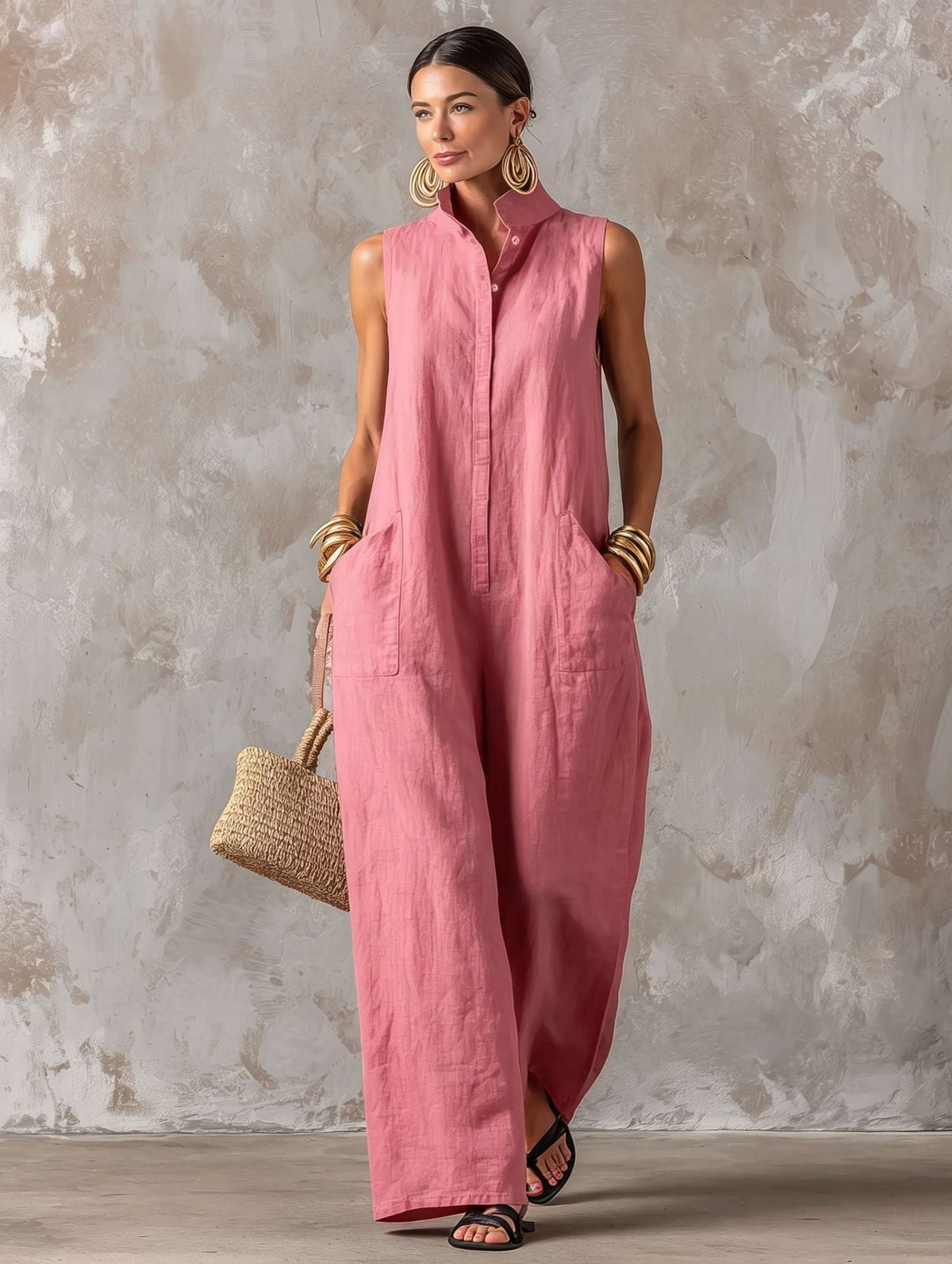Sleeveless Stand Collar Button Front Wide Leg Jumpsuit with Pockets 7