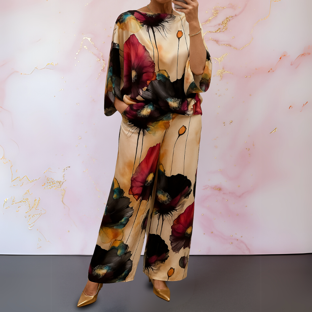 Floral Print Boat Neck Batwing Top and Wide Leg Pants Two Piece Set 3