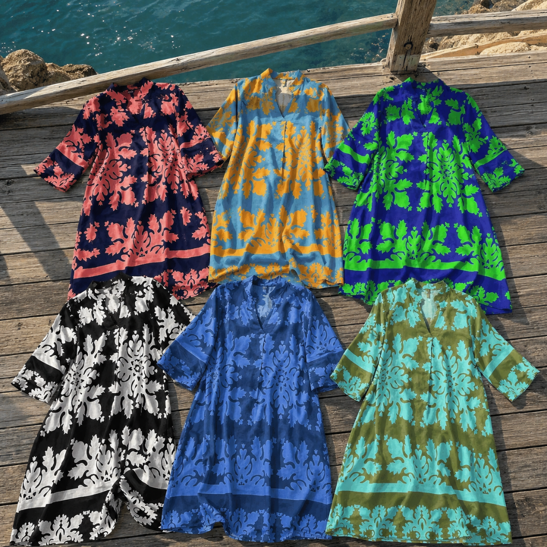 Damask Print Split Neck Three Quarter Sleeve A-Line Dress 7