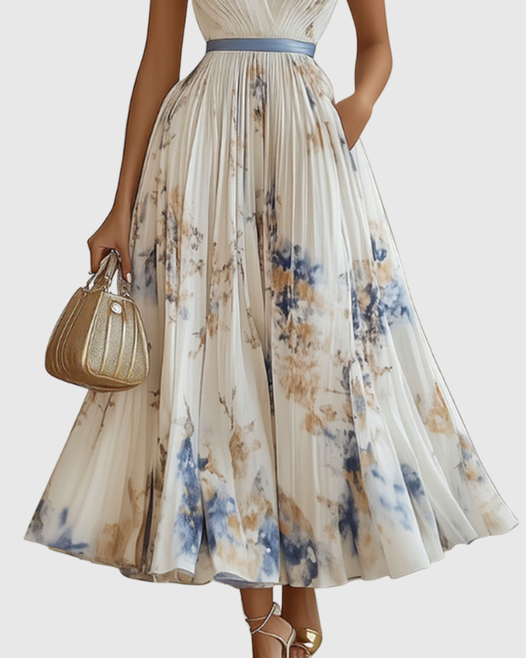 Floral Deep V-Neck Pleated Belted Midi Dress 3
