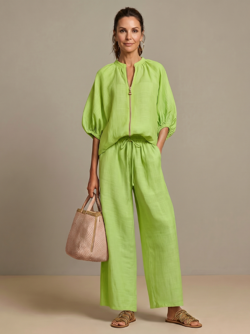 Puff Sleeve Zip Front Top and Wide Leg Pants Two Piece Set 5
