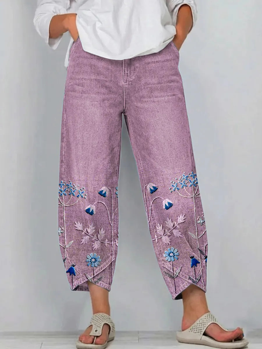 Floral Embroidered Wide Leg Cropped Denim Trousers 6