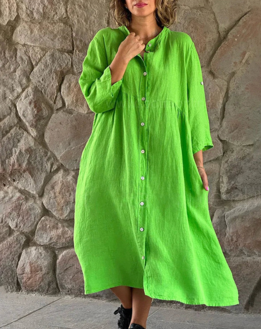 Button Down Three Quarter Sleeve Roll Tab Midi Shirt Dress - View 6
