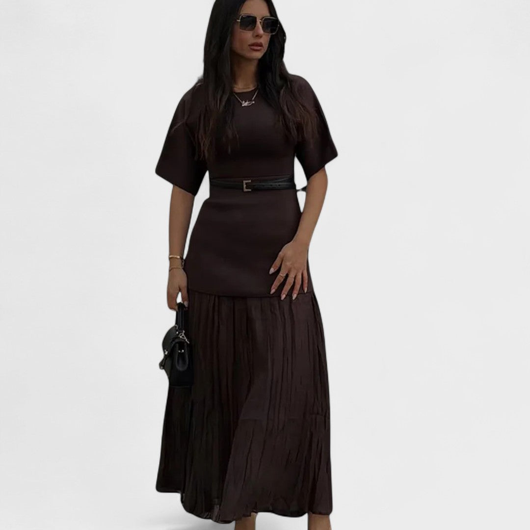 Short Sleeve Belted Pleated Maxi Dress 3