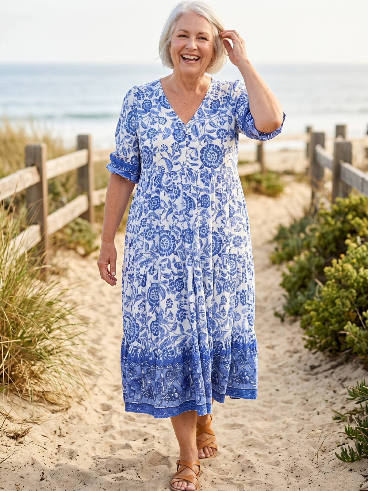 Floral V-Neck Half Sleeve Tiered Midi Dress
