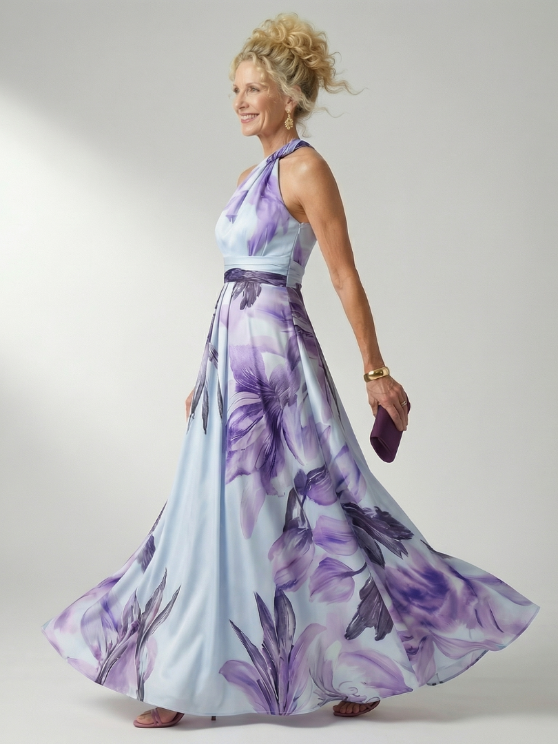 One Shoulder Floral Belted Satin Maxi Dress 6