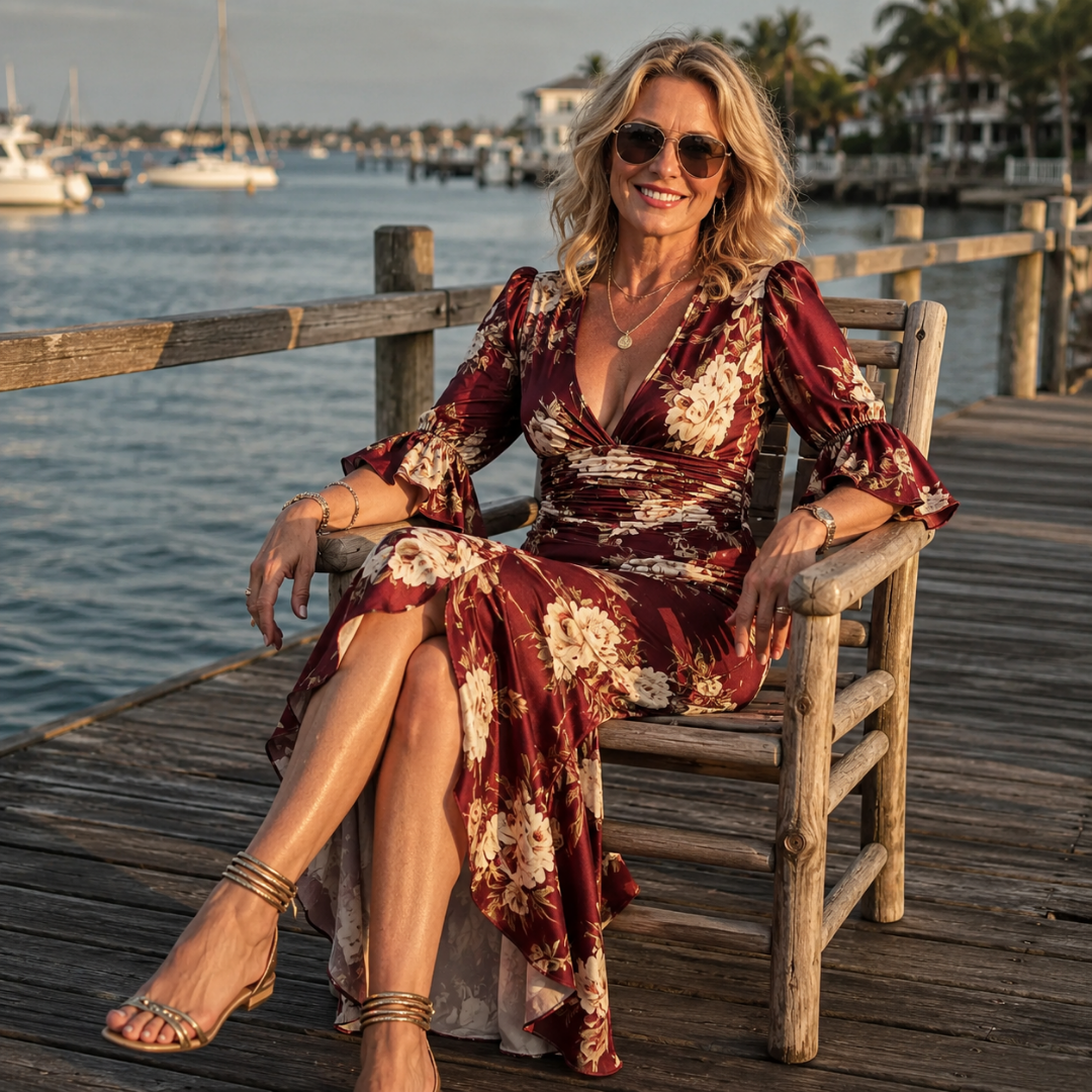 Floral Deep V-Neck Ruffle Sleeve Ruched High Low Satin Maxi Dress 6