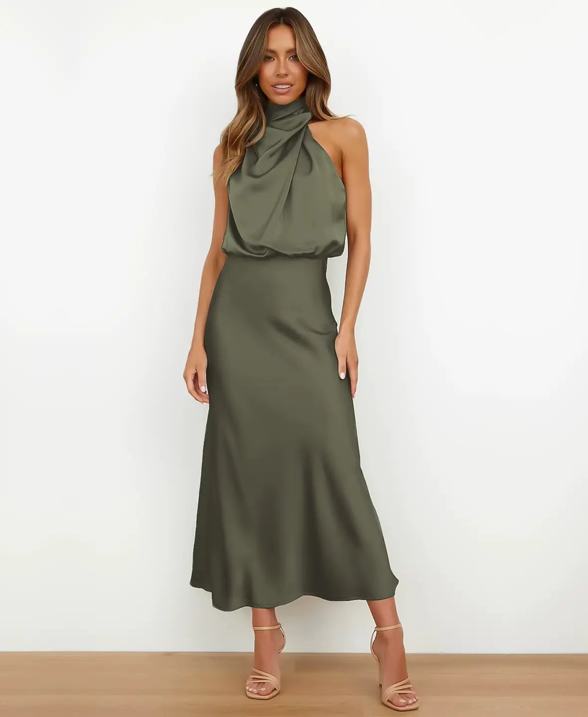 Satin Halter Neck Draped Cowl Bias Midi Dress 15