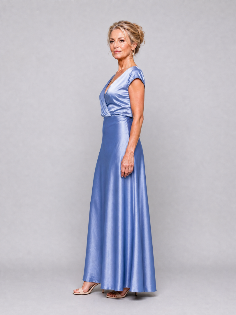 Satin Surplice V-Neck Cap Sleeve Maxi Gown 7