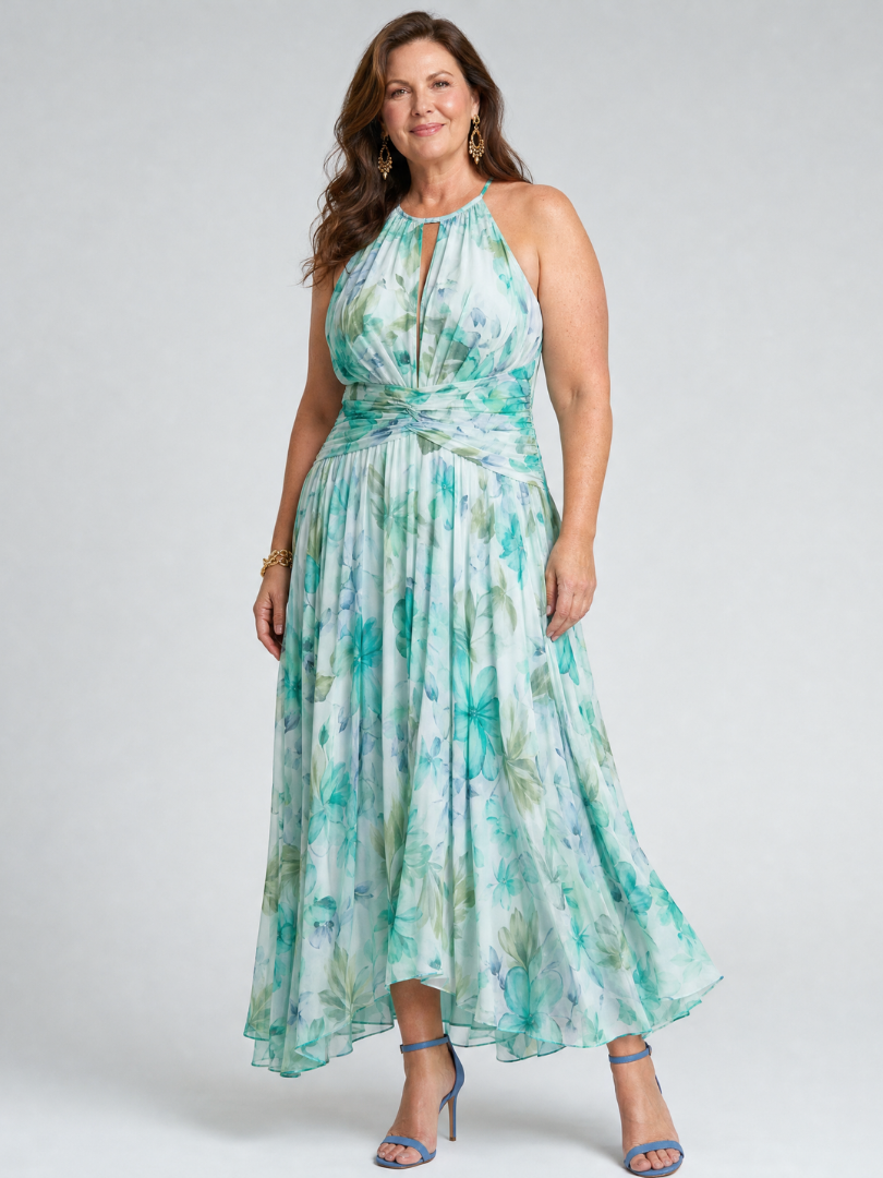 Floral Print Halter Neck Keyhole Pleated Maxi Dress 7